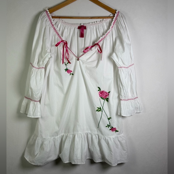 Vintage Betsey Johnson Women’s Y2K Coquette Peasant Dress Rose Embroidery Sz M - Picture 2 of 12